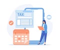 Taxation planning concept. Characters using tax calendar to filling tax declaration form online and with financial advice Royalty Free Stock Photo