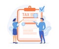 Taxation planning concept. Characters using tax calendar to filling tax declaration form online and with financial advice Royalty Free Stock Photo