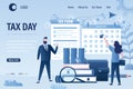 Taxday landing page template. Businesspeople with tax form and calendar. Account books with magnifying glass, pile of coins Royalty Free Stock Photo