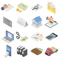 Taxes accounting money icons set, isometric style