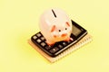 Taxes calculator. Accounting business. Piggy bank symbol money savings. Investments concept. Piggy bank pig and Royalty Free Stock Photo