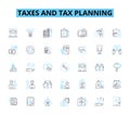 Taxes and tax planning linear icons set. Deductions, Refunds, Returns, Income, Filing, Credits, Audits line vector and