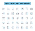 Taxes and tax planning linear icons set. Deductions, Refunds, Returns, Income, Filing, Credits, Audits line vector and