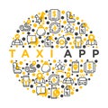 Taxi app concept in circle thin line icons: payment method, promocode, app settings, info, support service, route, destination,