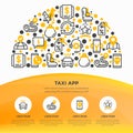 Taxi app concept in half circle with thin line icons: payment method, promocode, app settings, info, support service, phone number Royalty Free Stock Photo