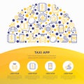 Taxi app concept in half circle with thin line icons: payment method, promocode, app settings, support service, pointer, route, Royalty Free Stock Photo