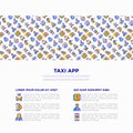 Taxi app concept with thin line icons: payment method, promocode, app settings, info, support service, pointer, route, destination