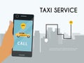 Taxi banner online mobile application order taxi service hand with phone vector illustration. Traffic transportation