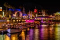 Taxi boats and colorful buildings in Universal Citywalk