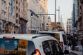 Taxi on busy Gran Via street in Madrid, Spain