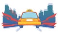 Taxi cab in the city back view. Flat banner template on white background. Empty space for number. Yellow auto car vector Royalty Free Stock Photo