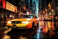 A taxi cab drives through a bustling city street under the night sky, A taxi cab rushing through the neon-lit streets of New York Royalty Free Stock Photo