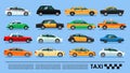 Taxi cab icons set poster or banner, China, UK, USA, Korea, Australia, Brasil, Spain, Russia, Egypt, India, Hong Kong, Mexico,