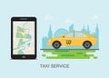 Taxi cab and mobile phone with map on city background