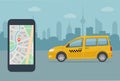 Taxi cab and mobile phone with map on city background.