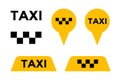 Taxi cab service vector icon set. Yellow signboard and pin signs of passenger city transport markers. Vector