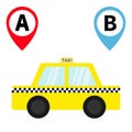 Taxi car cab icon. Placemark Map pointer navigation marker set. Trip from A point to B. Cartoon transportation. Yellow taxicab. Ch Royalty Free Stock Photo