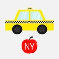 Taxi car cab icon. Red apple fruit. New York symbol. Cartoon transportation collection. Yellow taxicab. Checker line, light sign. Royalty Free Stock Photo