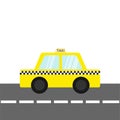 Taxi car cab icon on the road. Cartoon transportation collection. Yellow taxicab. Checker line, light sign. New York symbol. Isola Royalty Free Stock Photo