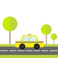 Taxi car cab icon on the road. Green grass, tree. Cartoon transportation collection. Yellow taxicab. Checker line, light sign. New