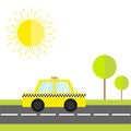 Taxi car cab icon on the road. Green grass, tree, shining sun. Cartoon transportation collection. Yellow taxicab. Checker line, li Royalty Free Stock Photo