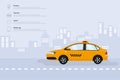 Taxi car on the city streets. Taxi call options and service characteristics. Vector illustration Royalty Free Stock Photo