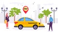 Taxi car at city, transport service vector illustration. Flat transportation in cab man woman passenger near traffic