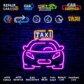 Taxi car design neon glowing logos concept template. Luminous signboard on the theme of transportation of passengers. Neon signs,