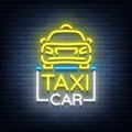 Taxi car design neon glowing logos concept template.