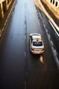 Taxi car drive on overpass. Aerial photo, top view