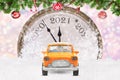 Taxi car on festive New Year and Christmas background. New Year 2021. Congratulations for taxi drivers