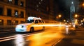 taxi car moving fast on night american city downtown district with motion blur, neural network generated art Royalty Free Stock Photo