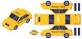 Taxi car paper cut toy. Worksheet with gaming puzzle elements. Kids crafts for birthday gift. Cut and glue paper auto 3d