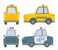 Taxi car and Police car isolated on white background, Front and side view Royalty Free Stock Photo