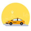 Taxi car on the streets of the city. Taxi call, address label. Vector illustration Royalty Free Stock Photo