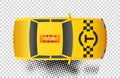 Taxi car top view icon. Yellow taxicab sedan with checker top light box on roof flat style vector illustration isolated