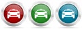 Taxi, car vector icon set. Red, blue and green silver metallic web buttons with chrome border