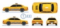 Taxi car. Yellow cab view from side, front, back and top. Cartoon city taxi vector set