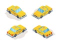 Taxi cars. Yellow service vehicles passenger machines isometric various point view vector