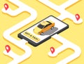 Taxi concept. Isometric yellow car cab riding for client on map. Taxi service app vector background
