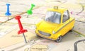 Taxi concept. Yellow taxi with pin on a city map with blur.