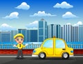 Taxi driver with his car waiting for passengers on the road Royalty Free Stock Photo