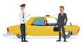 Taxi driver invites business people businessman go to car.
