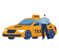 Taxi driver leaning on a yellow cab. Male chauffeur standing next to his vehicle in uniform. Urban transportation