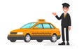 Taxi driver man with a car. Cab. Vector illustration