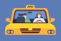 Taxi driver in mask. Virus protection in taxicab service. Passenger sit in distance. Chauffeur and client in taxi, new Royalty Free Stock Photo