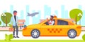 Taxi driver with placard meeting businessman client in airport yellow car cab business company service concept cityscape