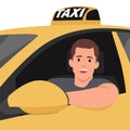 Taxi driver profession during work concept. Young smiling handsome man taxi driver sitting in yellow car and looking from window Royalty Free Stock Photo