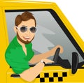 Taxi driver with sunglasses in yellow car smiling Royalty Free Stock Photo