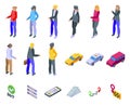 Taxi driver woman icons set isometric vector. Business city Royalty Free Stock Photo